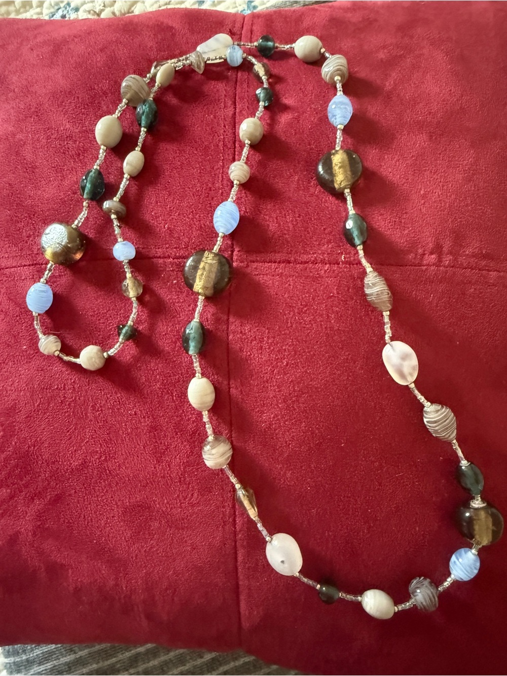 Long Beaded Necklace in Blue, Green & Brown